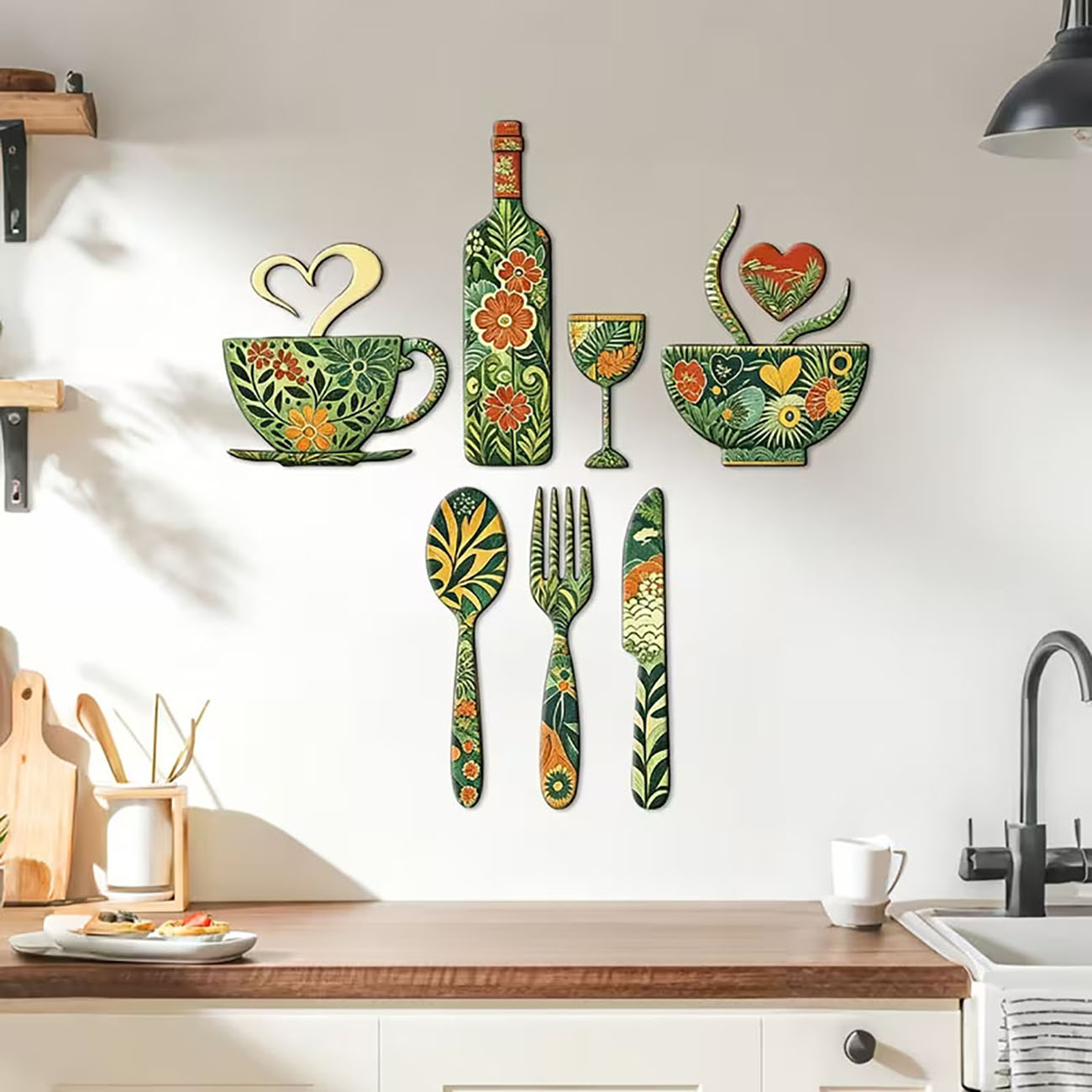 Xfasten Woodworking Tape - 7Pcs Green Floral Kitchen Utensil Wooden